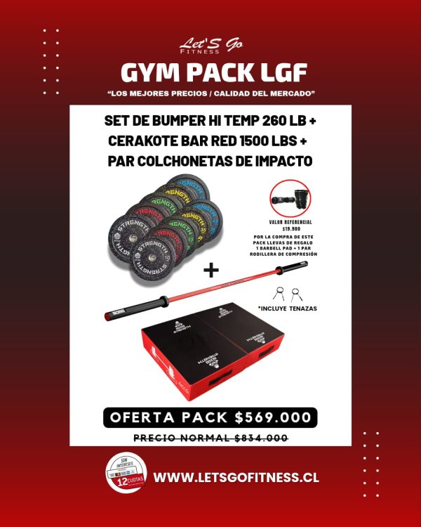 GYM PACK LGFSET DEGYM PACK LGFGYM PACK LGF BUMPER HI TEMP 260 LB + cerakote bar red 1500 lbs +   PAR COLCHONETAS DE IMPACTO