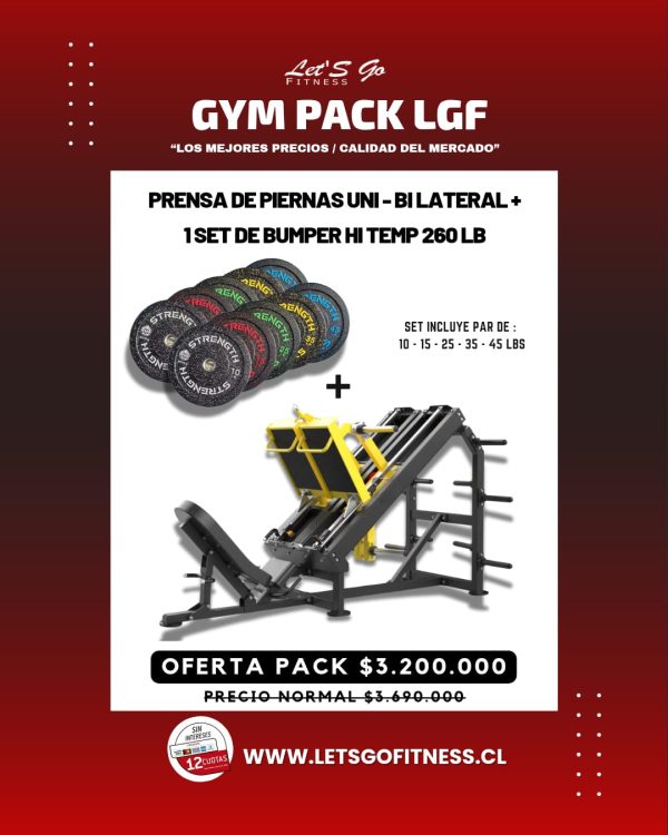 GYM PACK LGF PRENSA DE PIERNAS UNI - BI LATERAL +  1 SET DE BUMPER HI TEMP 260 LB