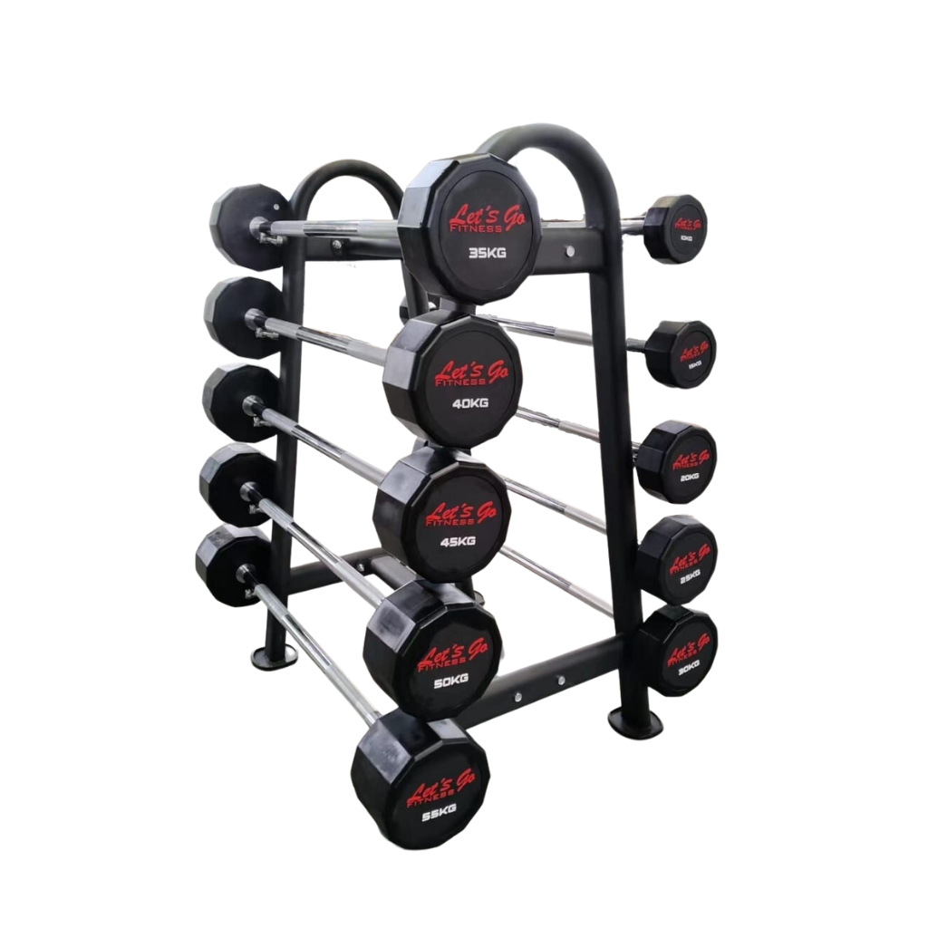 BOSS STRENGTH Set 10 Barras Rectas Rubber Peso Fijo + Rack