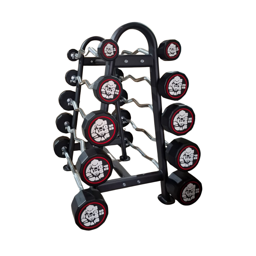 BOSS STRENGTH Set 10 Barras Z Rubber Peso Fijo+ Rack