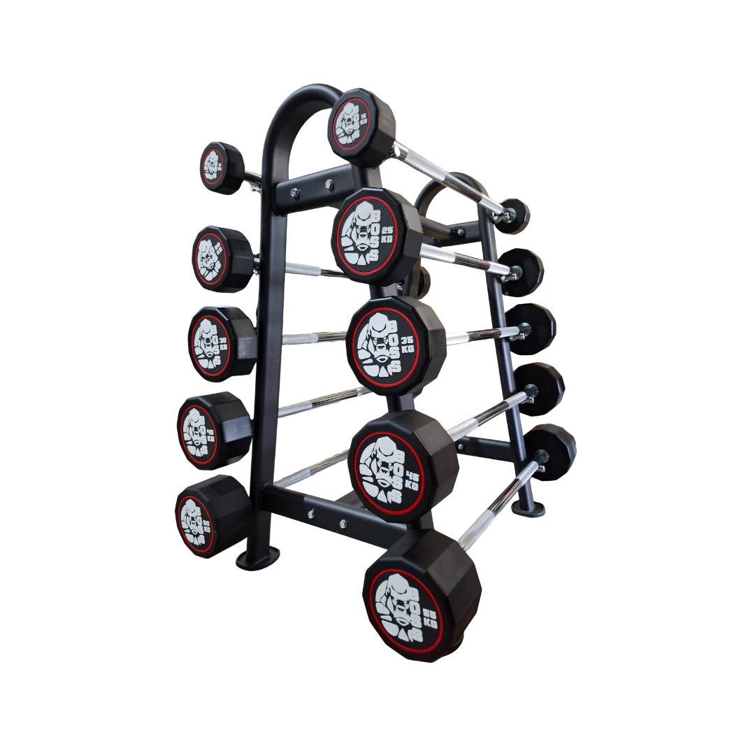 BOSS STRENGTH Set 10 Barras Rectas Rubber Peso Fijo + Rack